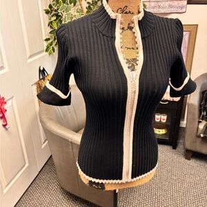 Belldini Women’s Rhinestone Ribbed Zippered Cardigan Sweater